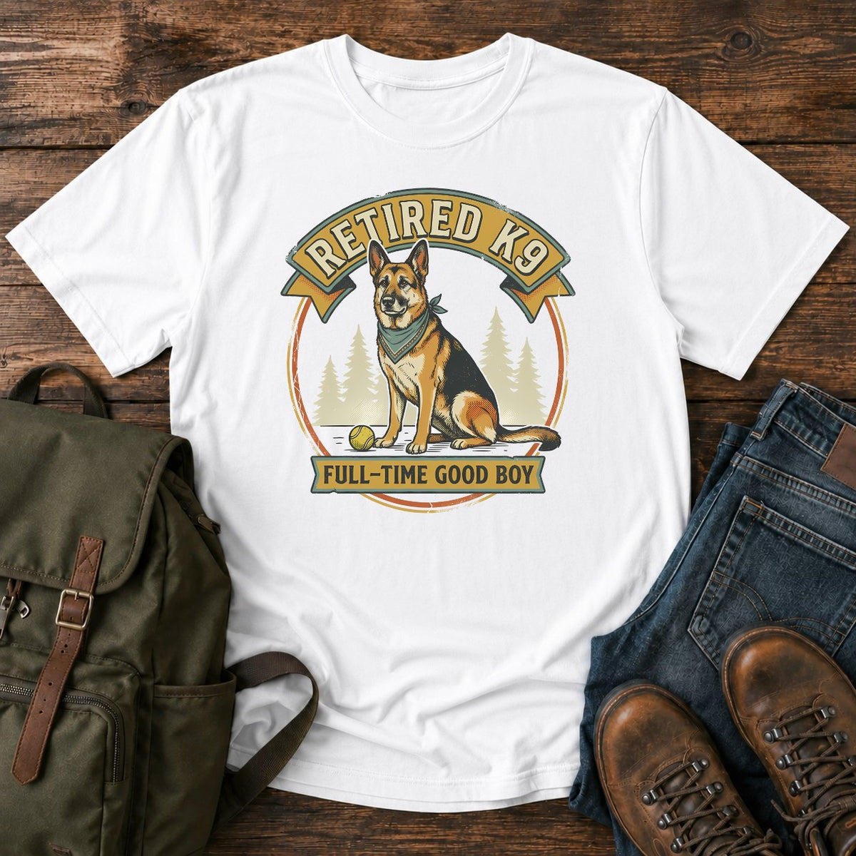 German Shepherd retired K9 t-shirt design with a proud good boy portrait