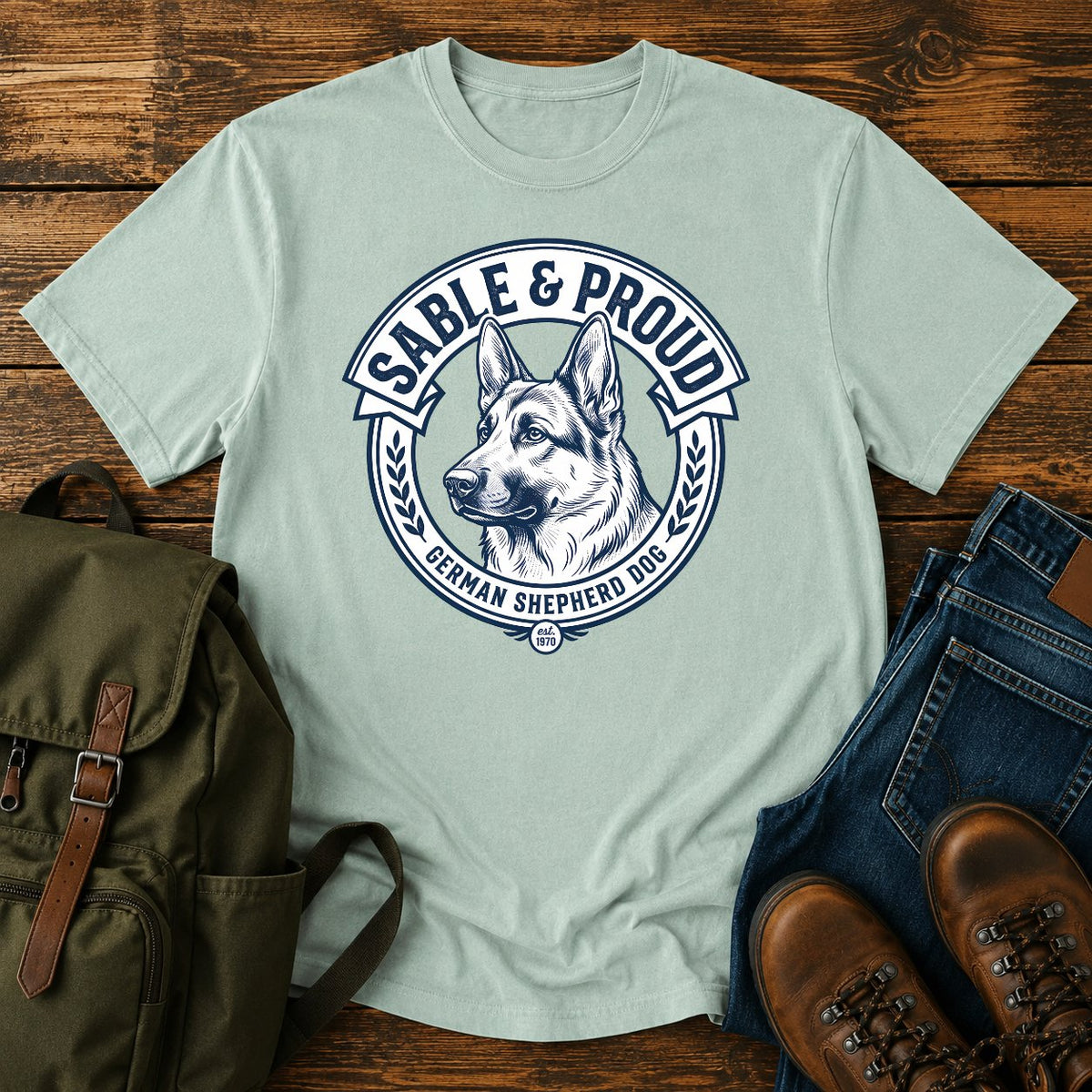 Sable German Shepherd pride t-shirt design with shepherd head badge artwork