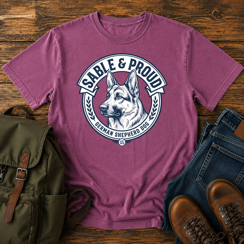 Sable German Shepherd pride t-shirt design with shepherd head badge artwork