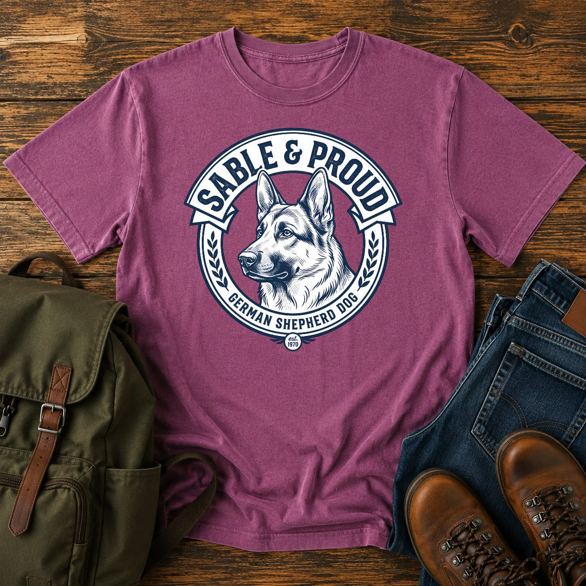 Sable German Shepherd pride t-shirt design with shepherd head badge artwork