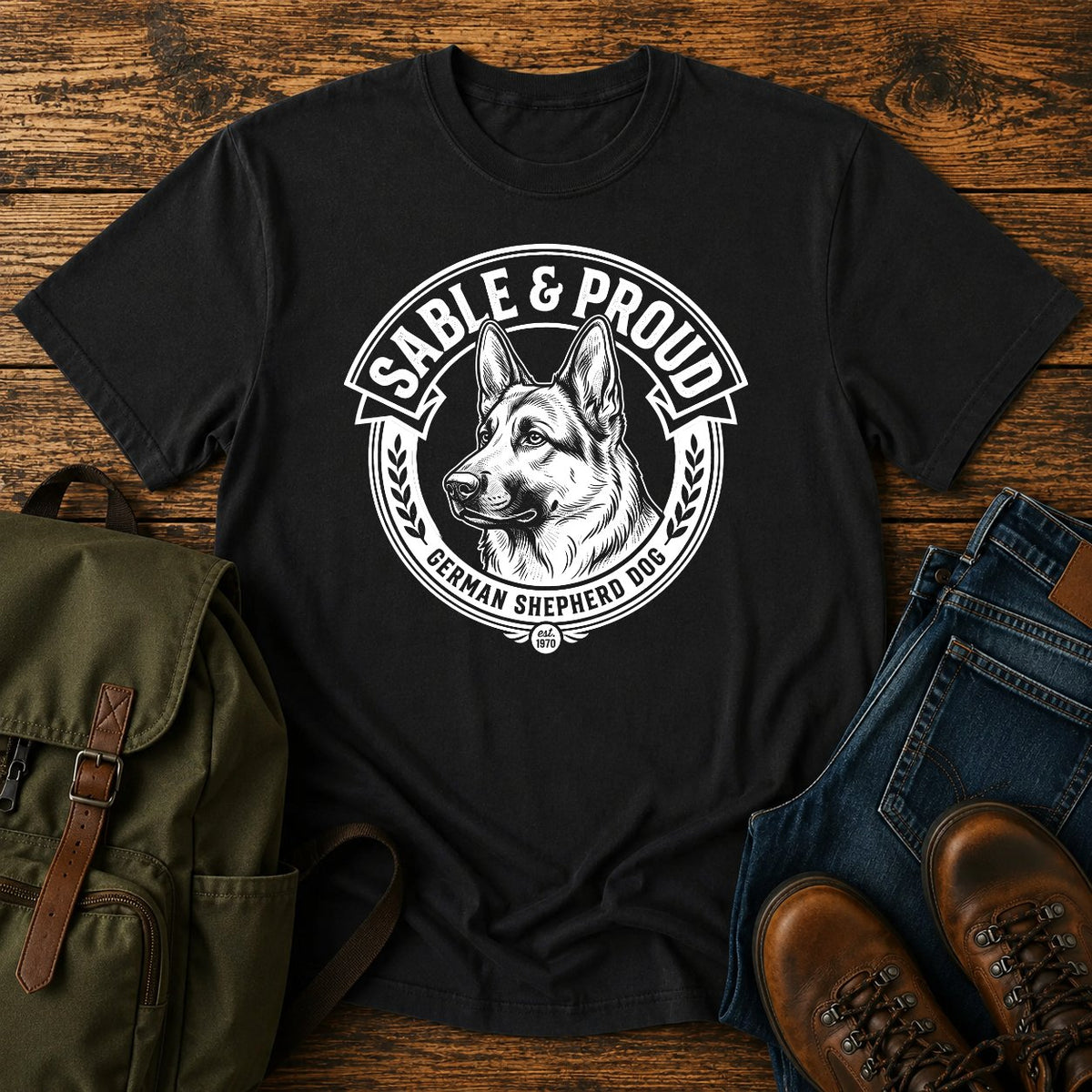 Sable German Shepherd pride t-shirt design with shepherd head badge artwork