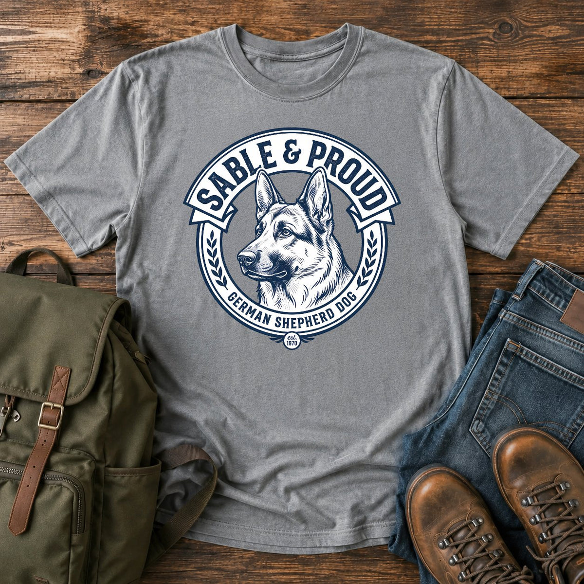 Sable German Shepherd pride t-shirt design with shepherd head badge artwork