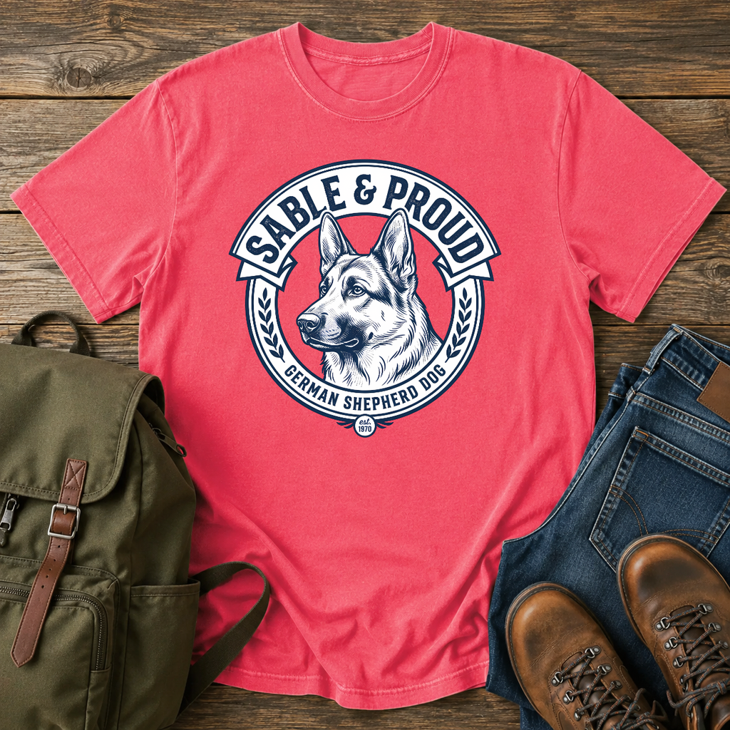 Sable German Shepherd pride t-shirt design with shepherd head badge artwork