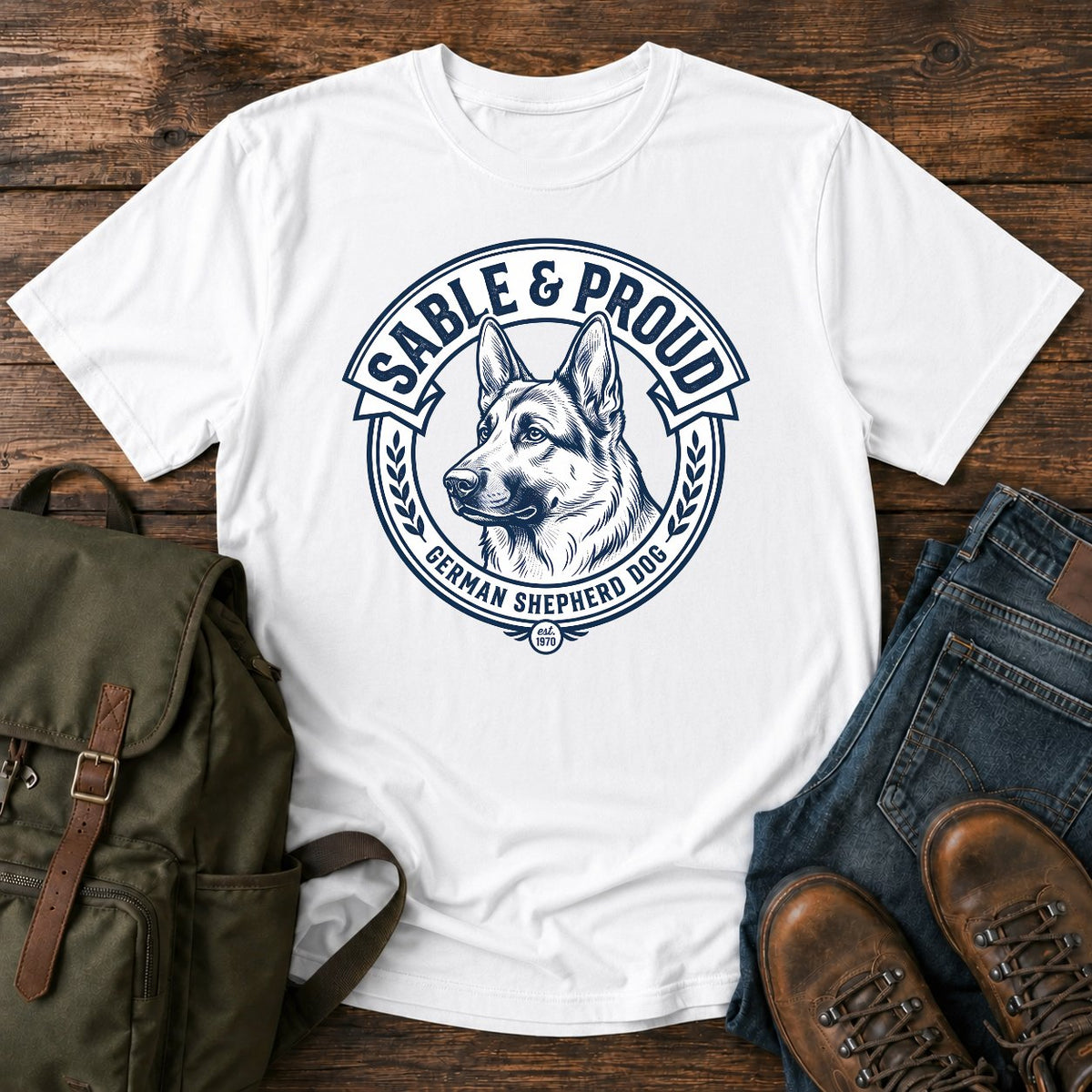 Sable German Shepherd pride t-shirt design with shepherd head badge artwork