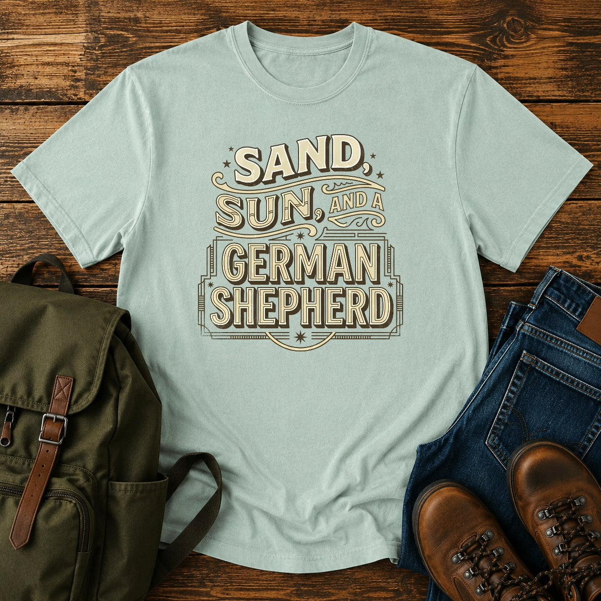 German Shepherd sand and sun paddling t-shirt design with retro text.