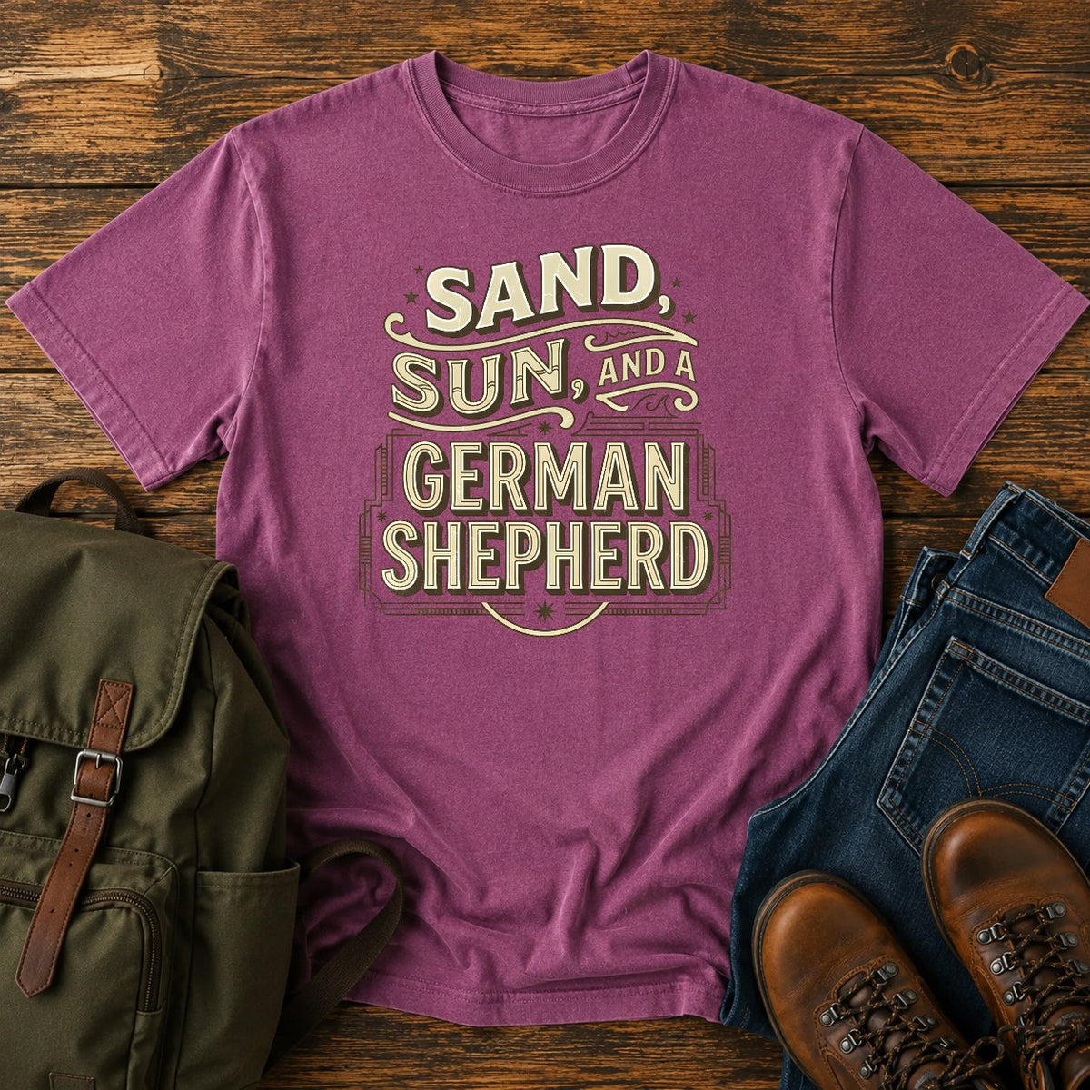 German Shepherd sand and sun paddling t-shirt design with retro text.