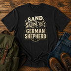 German Shepherd sand and sun paddling t-shirt design with retro text.