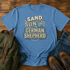 German Shepherd sand and sun paddling t-shirt design with retro text.