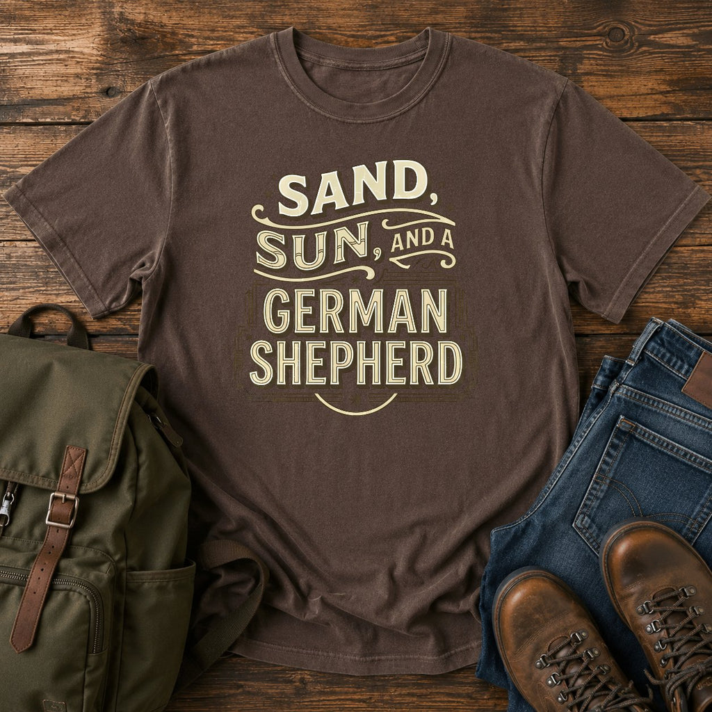 German Shepherd sand and sun paddling t-shirt design with retro text.