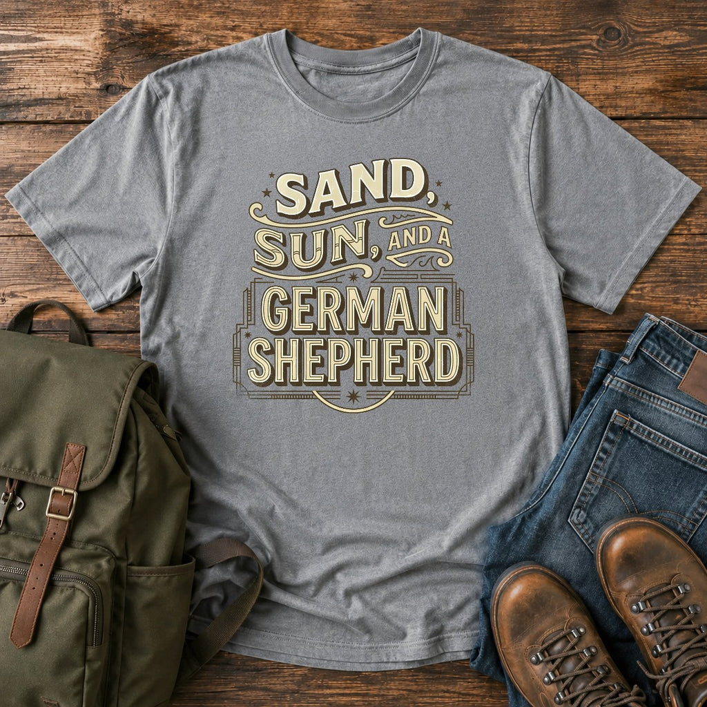 German Shepherd sand and sun paddling t-shirt design with retro text.