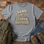 German Shepherd sand and sun paddling t-shirt design with retro text.