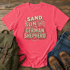 German Shepherd sand and sun paddling t-shirt design with retro text.