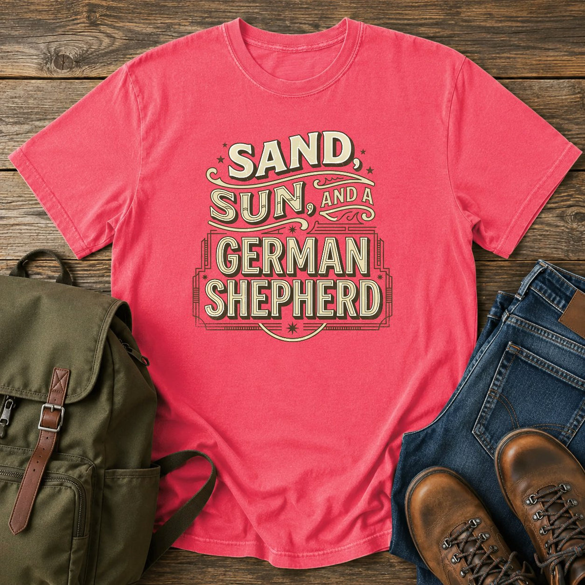German Shepherd sand and sun paddling t-shirt design with retro text.