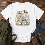 German Shepherd sand and sun paddling t-shirt design with retro text.