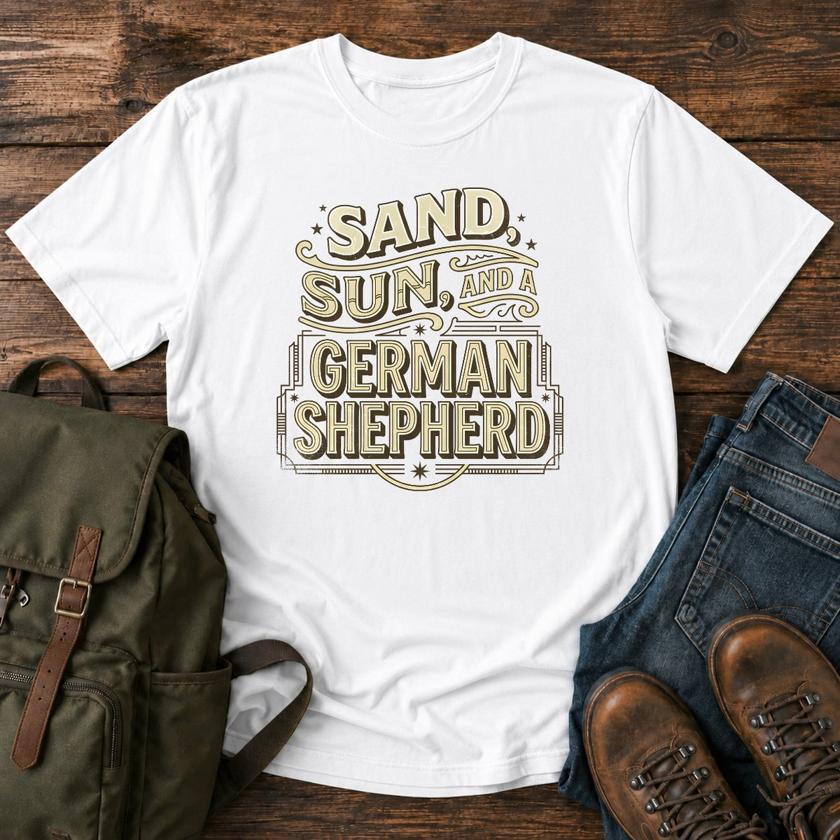 German Shepherd sand and sun paddling t-shirt design with retro text.
