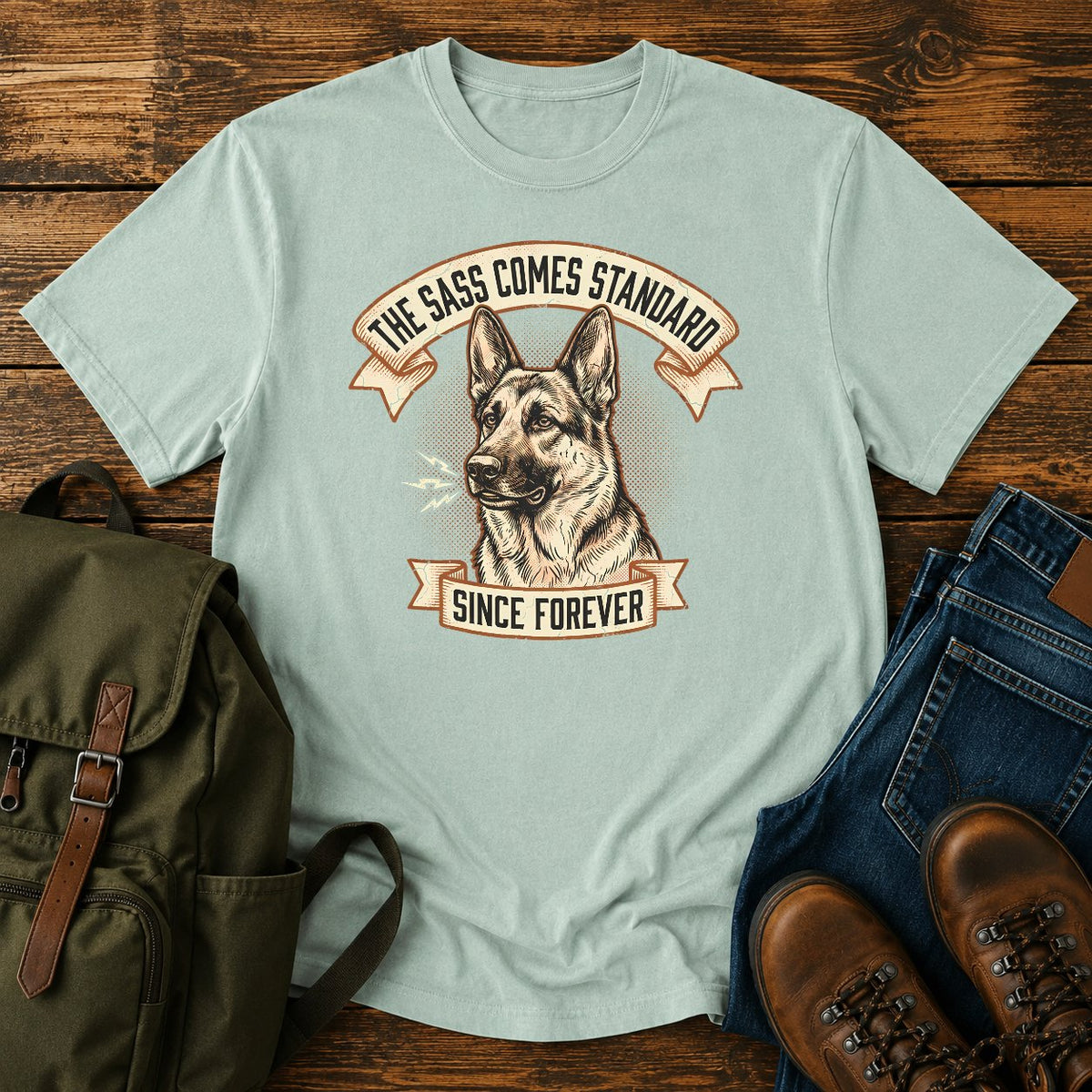 Funny German Shepherd sass t-shirt design with a grumbling dog portrait