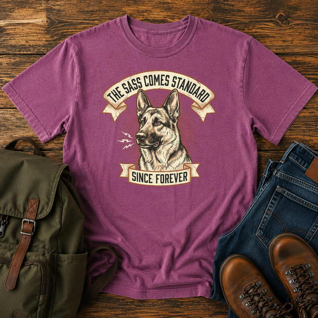 Funny German Shepherd sass t-shirt design with a grumbling dog portrait