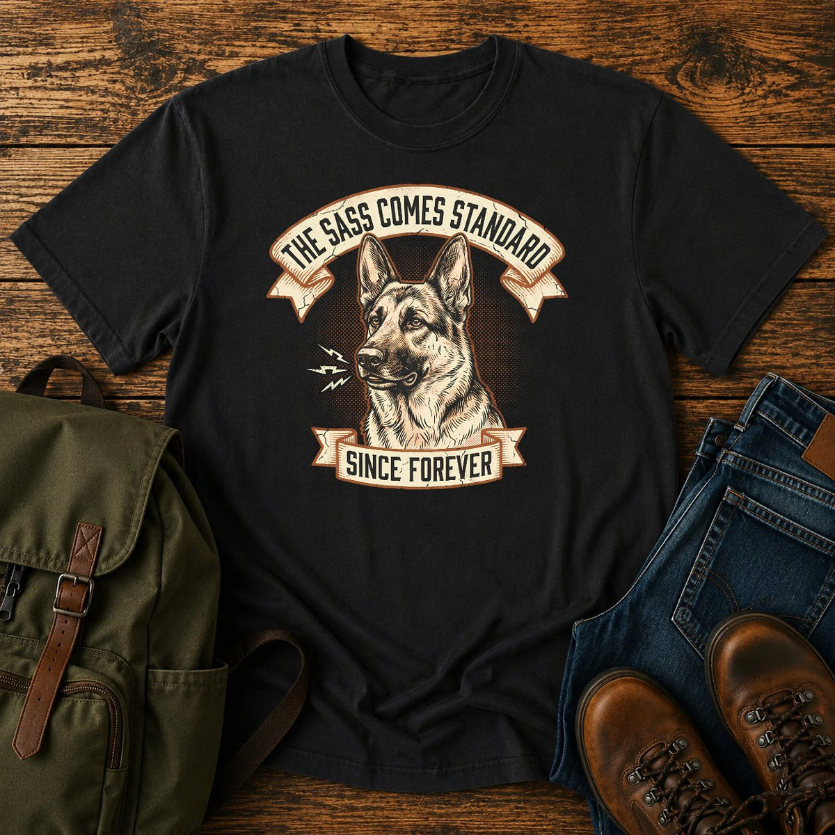 Funny German Shepherd sass t-shirt design with a grumbling dog portrait
