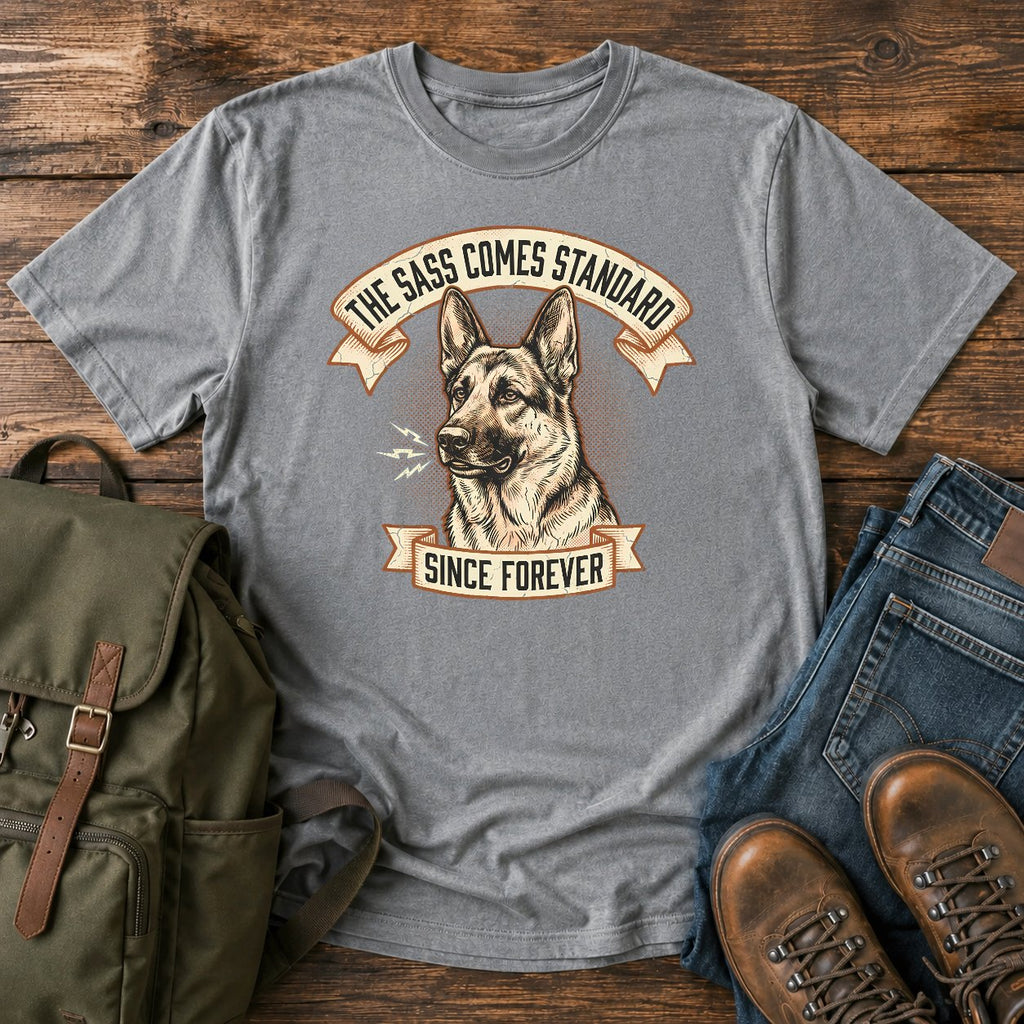 Funny German Shepherd sass t-shirt design with a grumbling dog portrait