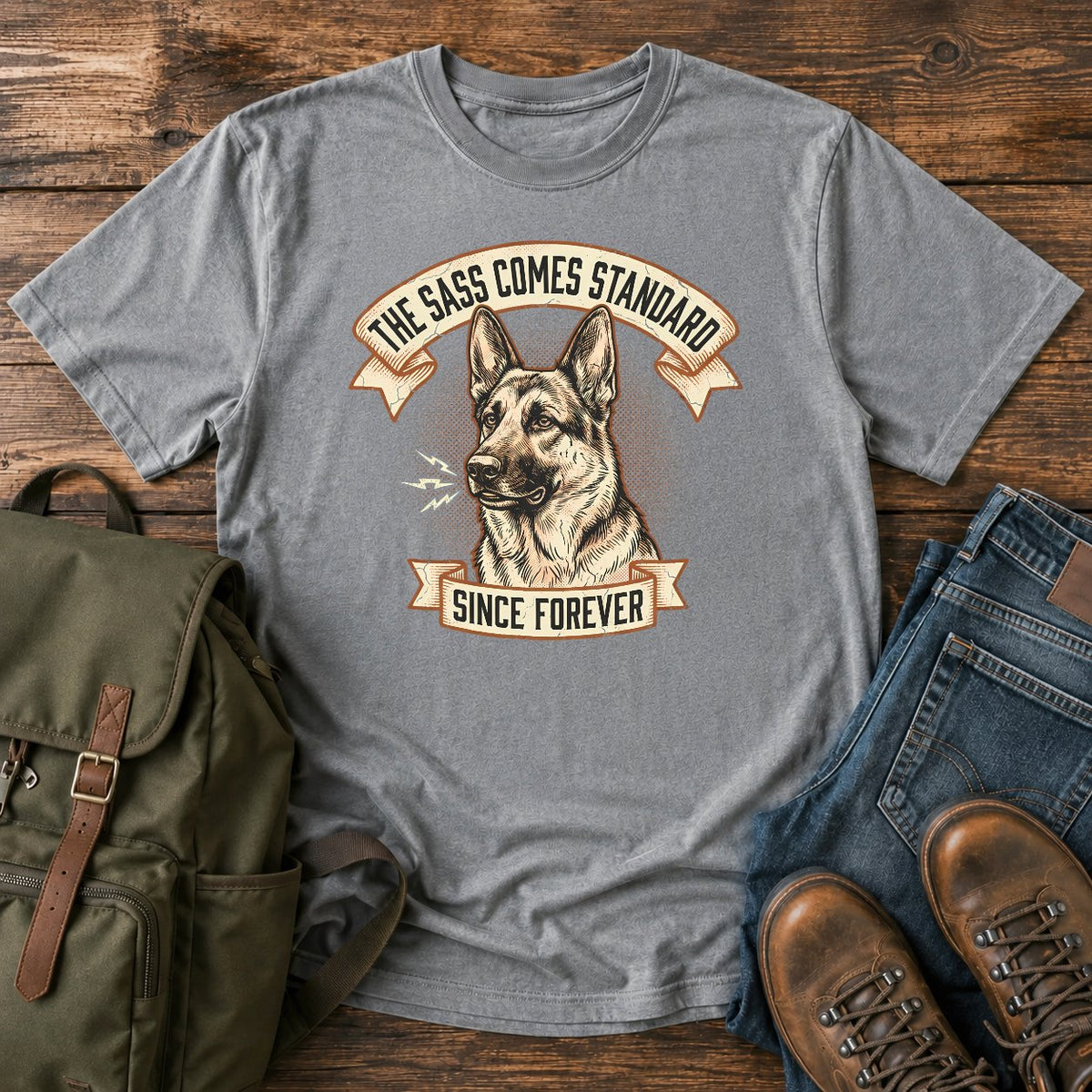 Funny German Shepherd sass t-shirt design with a grumbling dog portrait