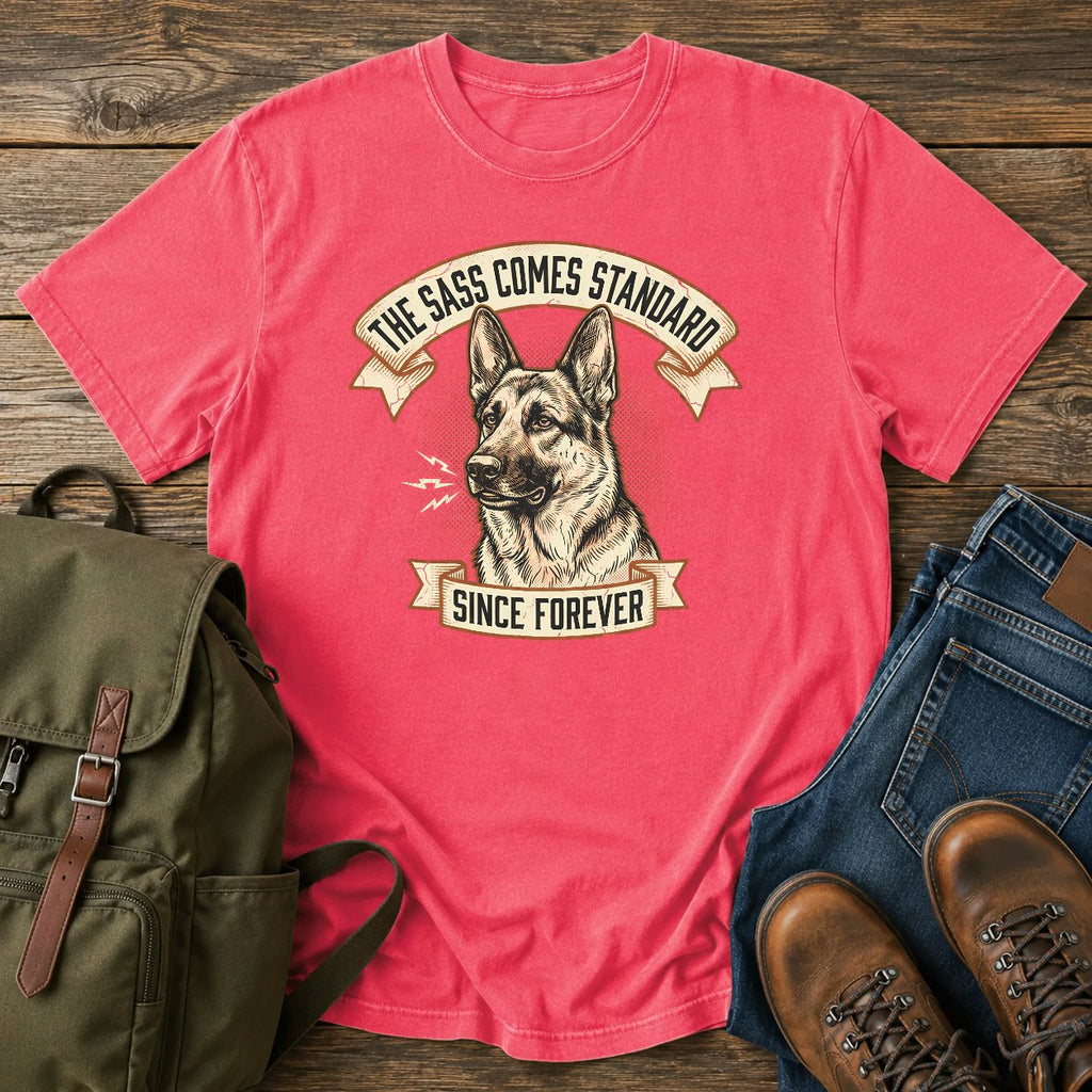 Funny German Shepherd sass t-shirt design with a grumbling dog portrait