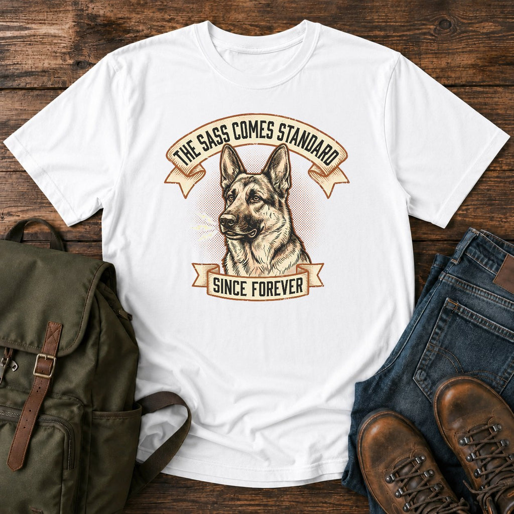 Funny German Shepherd sass t-shirt design with a grumbling dog portrait