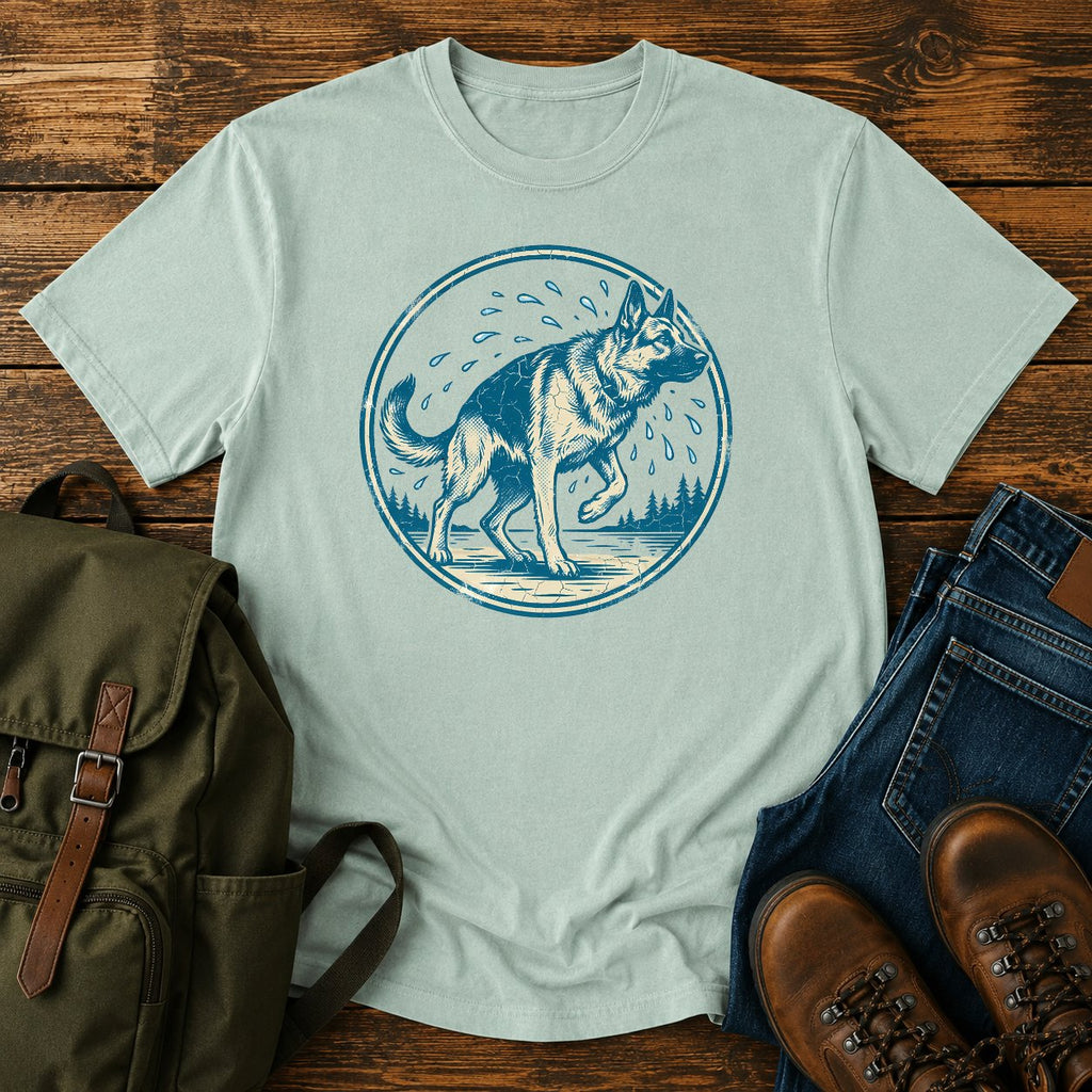 German Shepherd shake off t-shirt design with water droplets flying around the dog.
