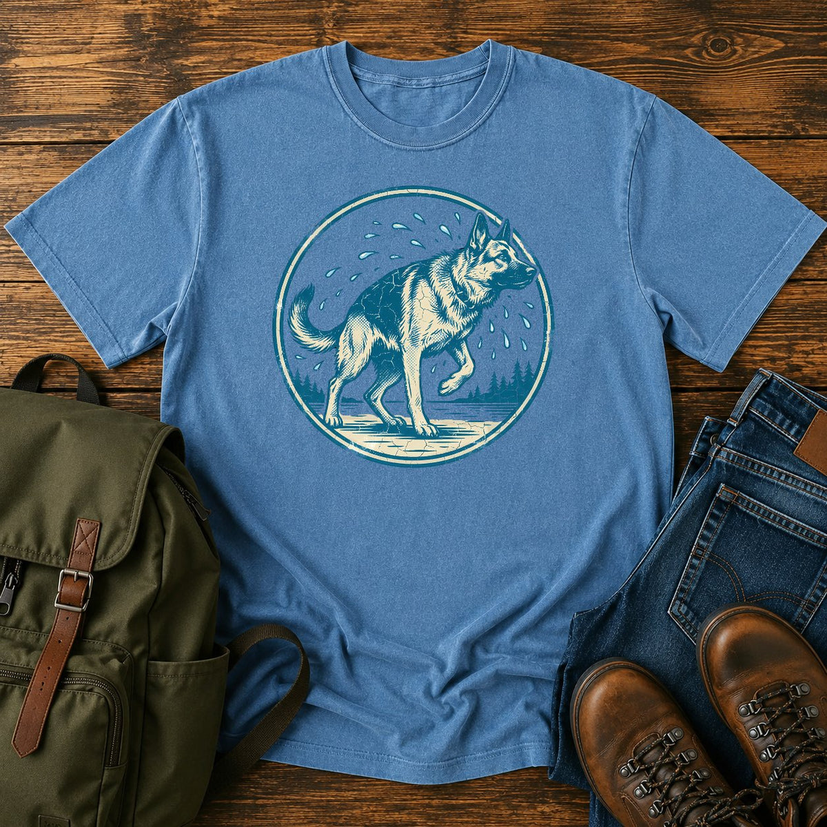 German Shepherd shake off t-shirt design with water droplets flying around the dog.