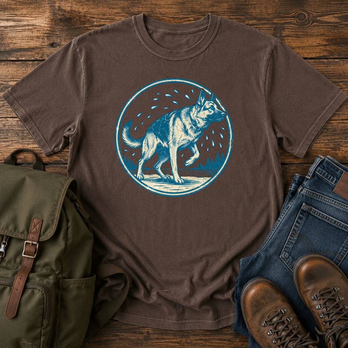 German Shepherd shake off t-shirt design with water droplets flying around the dog.