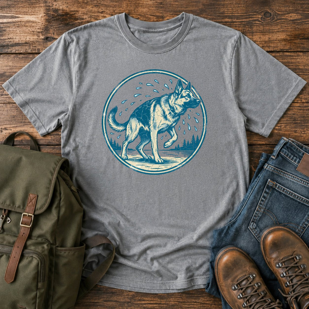 German Shepherd shake off t-shirt design with water droplets flying around the dog.
