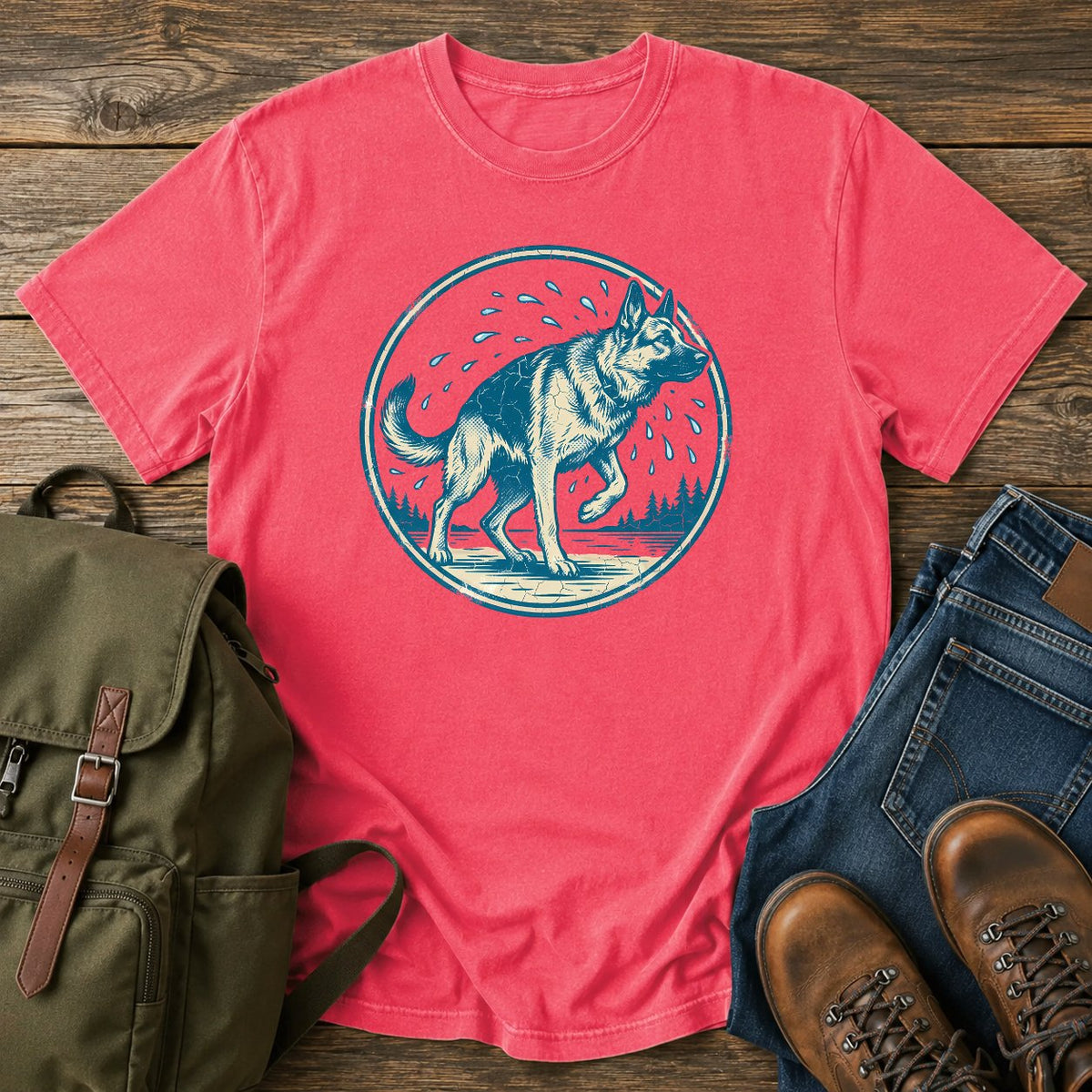 German Shepherd shake off t-shirt design with water droplets flying around the dog.