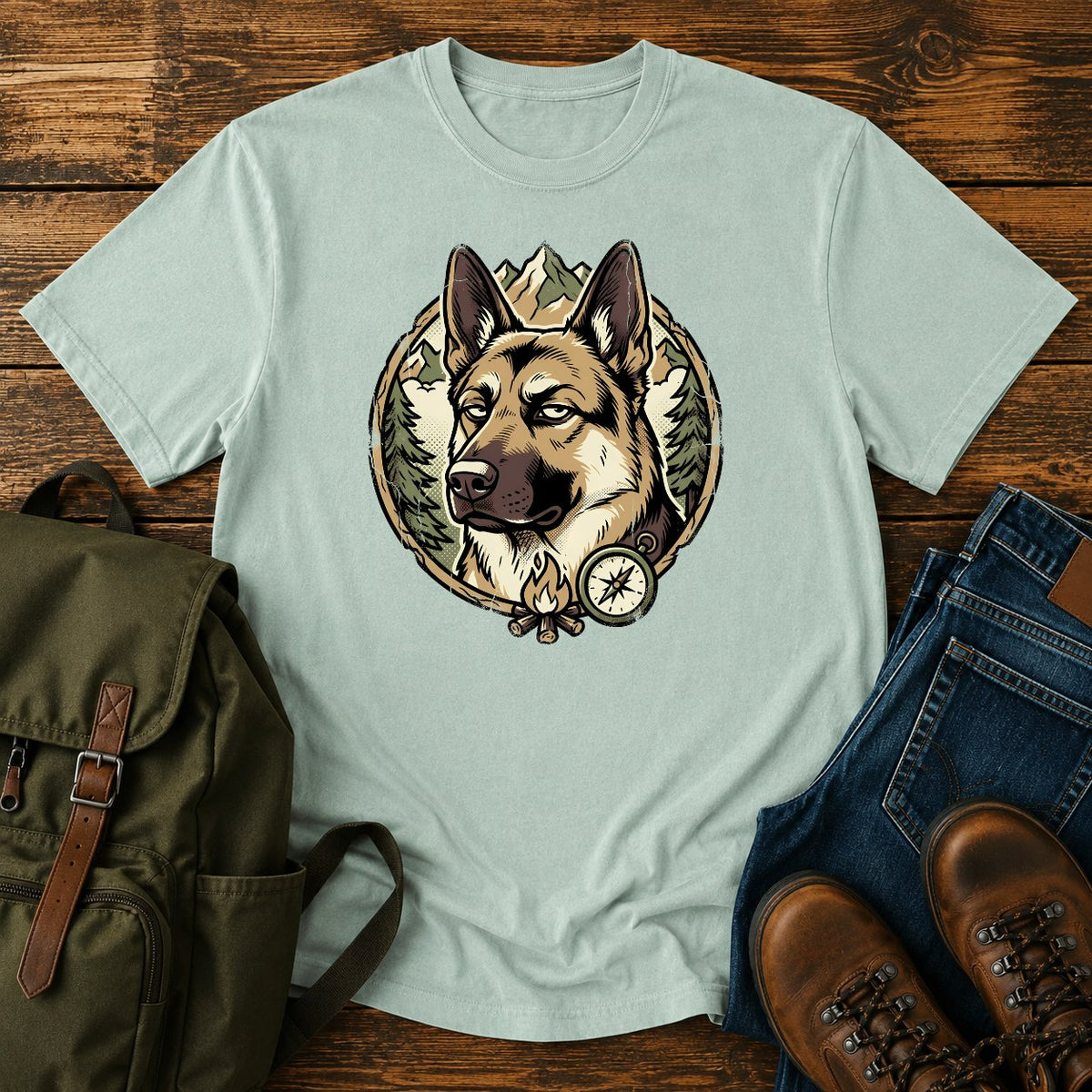 German Shepherd side eye t-shirt design with a judging dog portrait