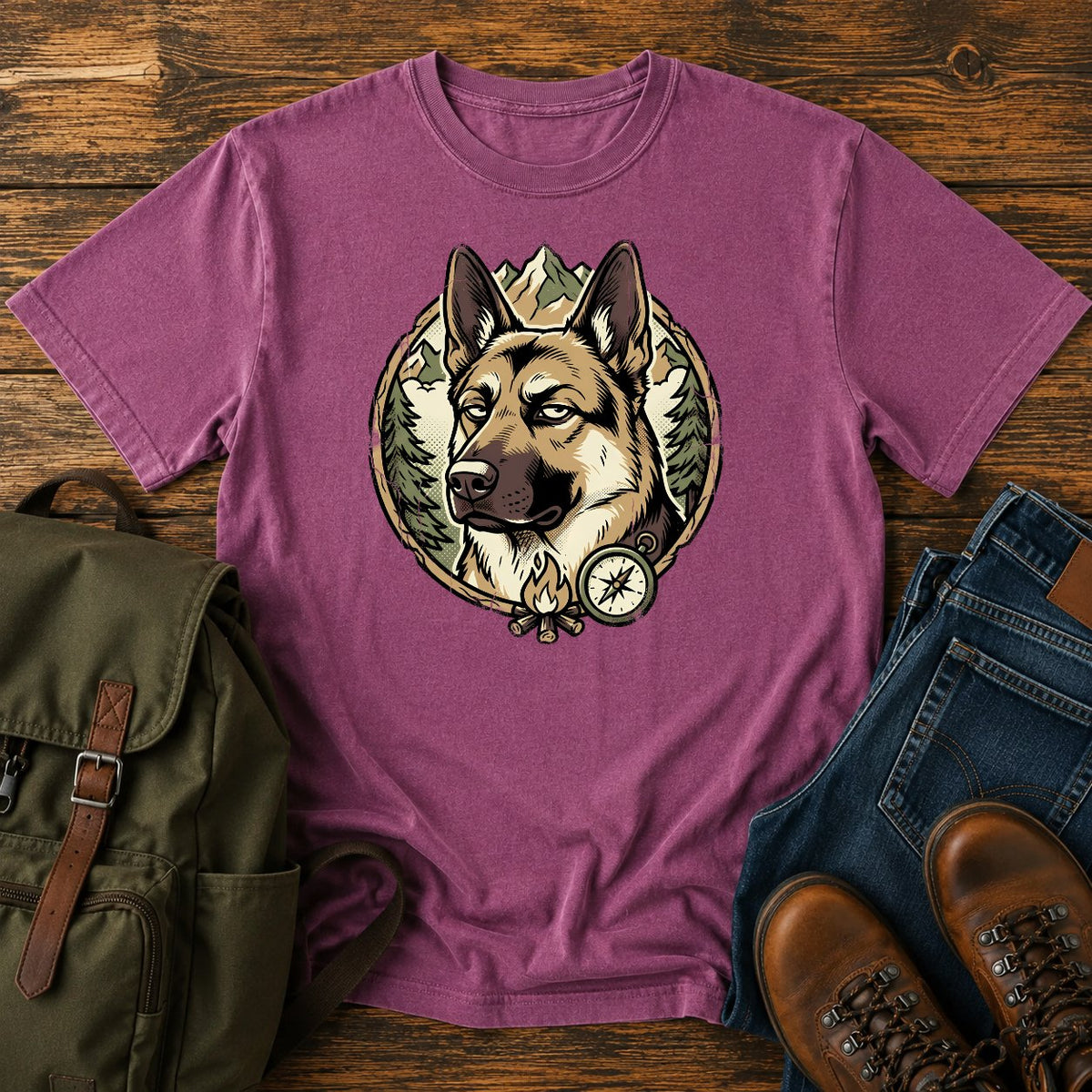 German Shepherd side eye t-shirt design with a judging dog portrait
