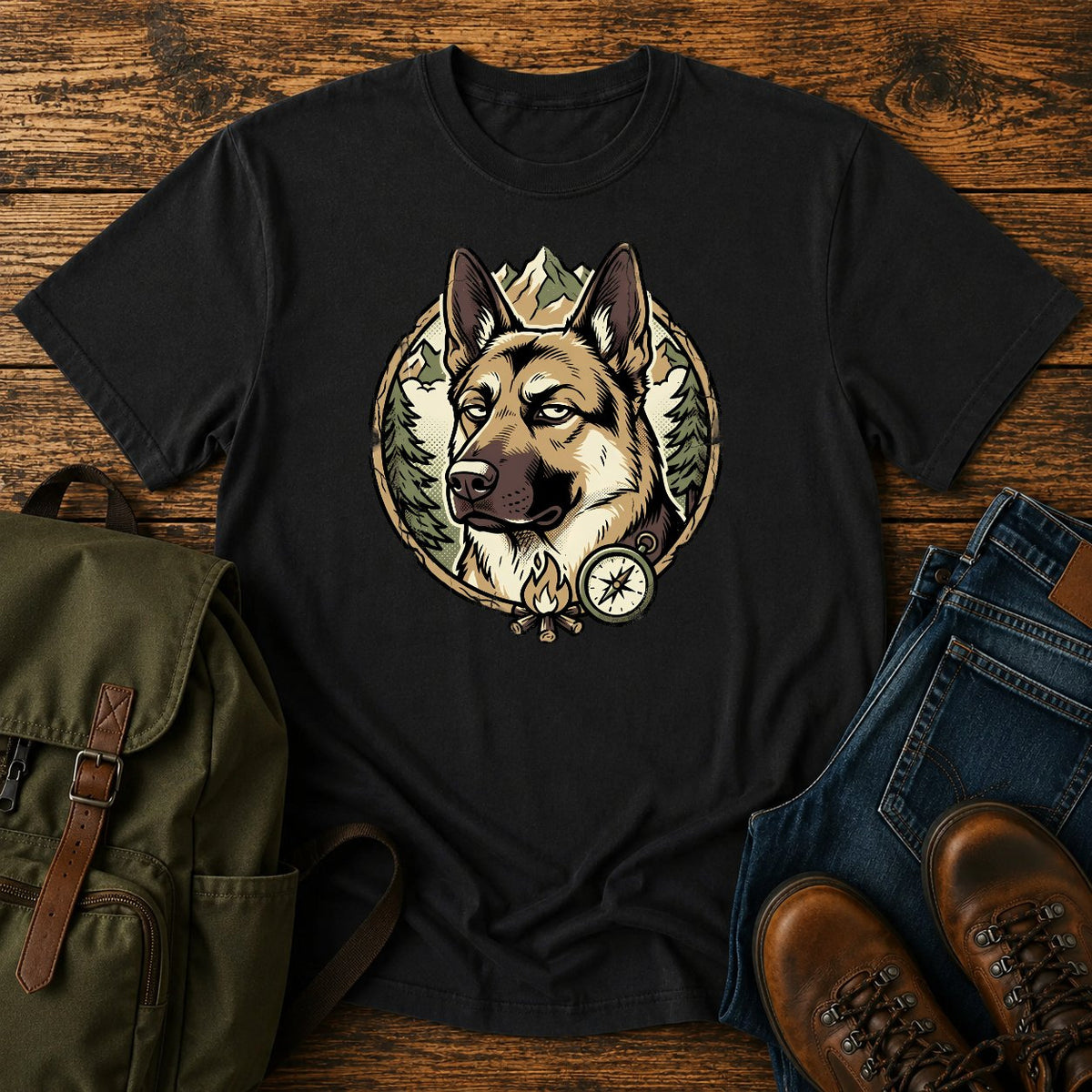German Shepherd side eye t-shirt design with a judging dog portrait