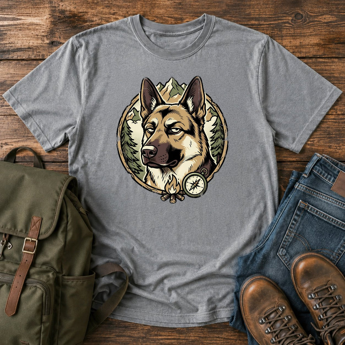 German Shepherd side eye t-shirt design with a judging dog portrait