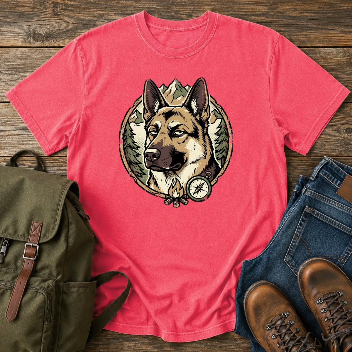 German Shepherd side eye t-shirt design with a judging dog portrait