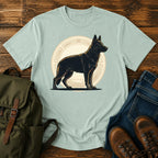 Black German Shepherd t-shirt design with solid black dog in athletic badge