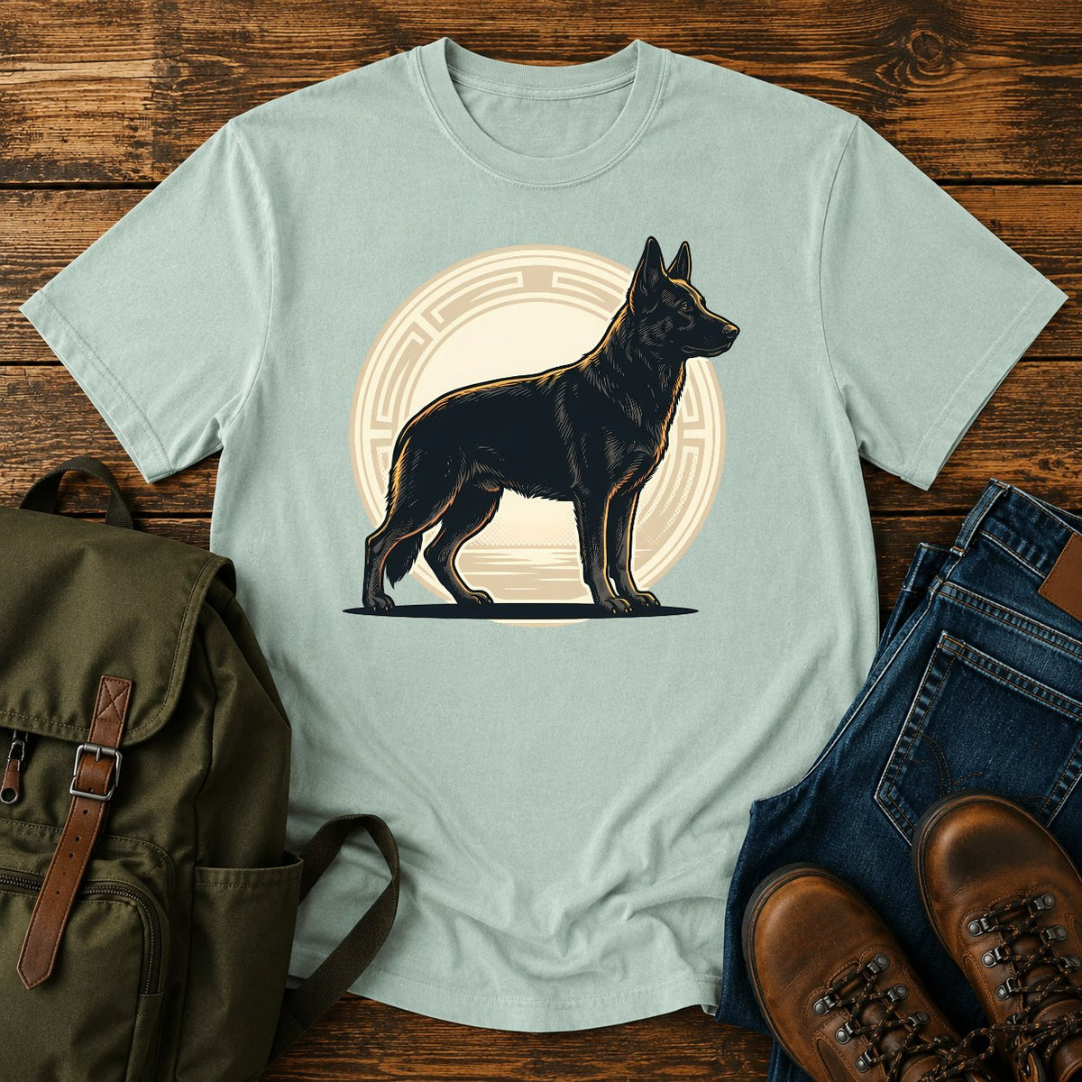 Black German Shepherd t-shirt design with solid black dog in athletic badge