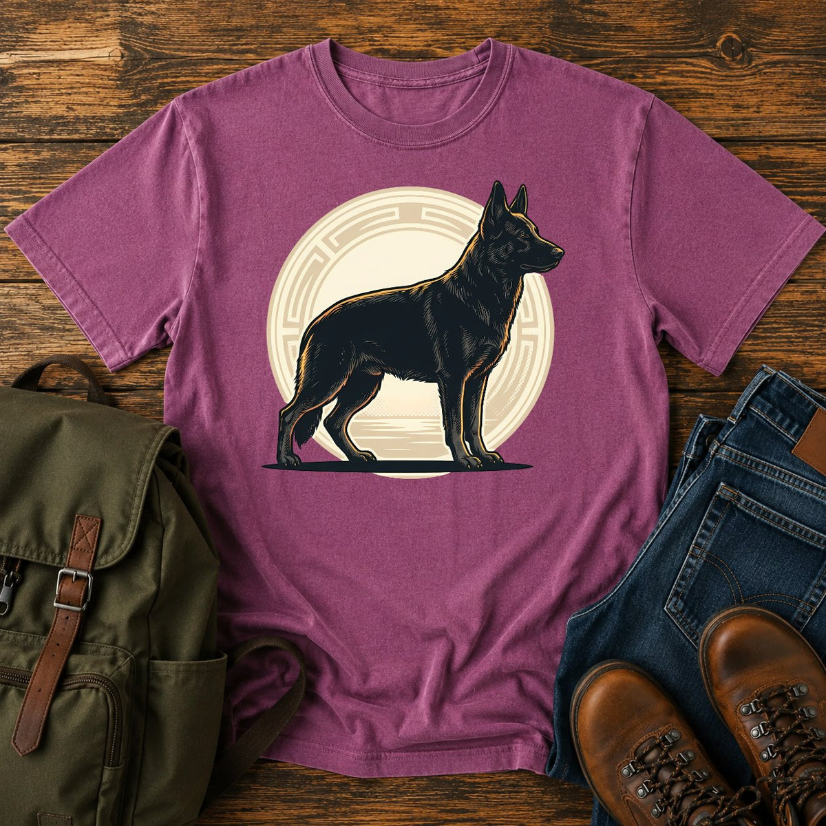 Black German Shepherd t-shirt design with solid black dog in athletic badge
