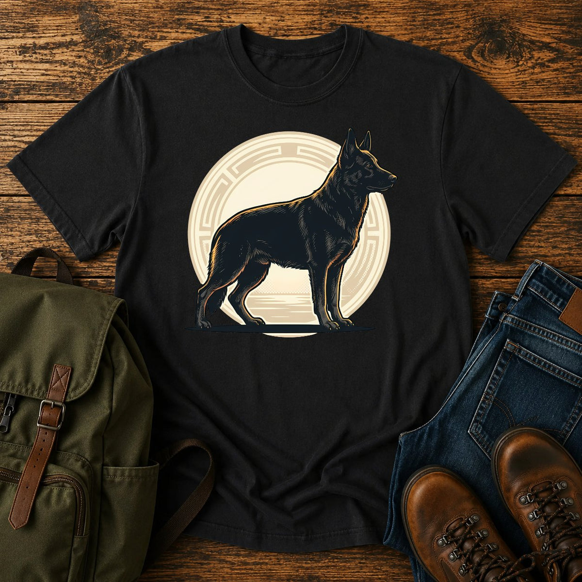 Black German Shepherd t-shirt design with solid black dog in athletic badge