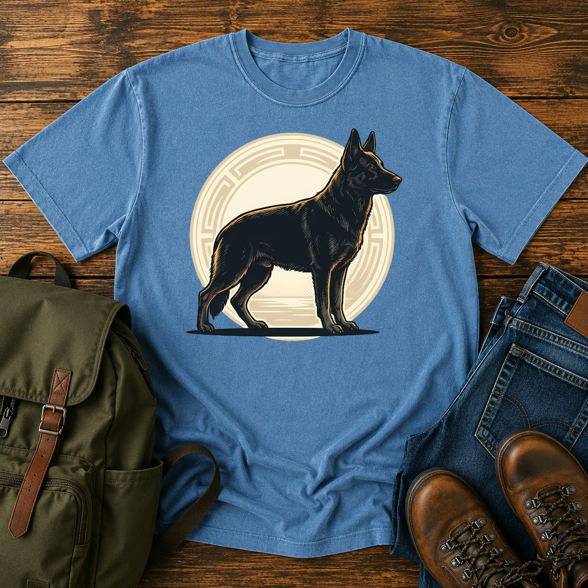 Black German Shepherd t-shirt design with solid black dog in athletic badge