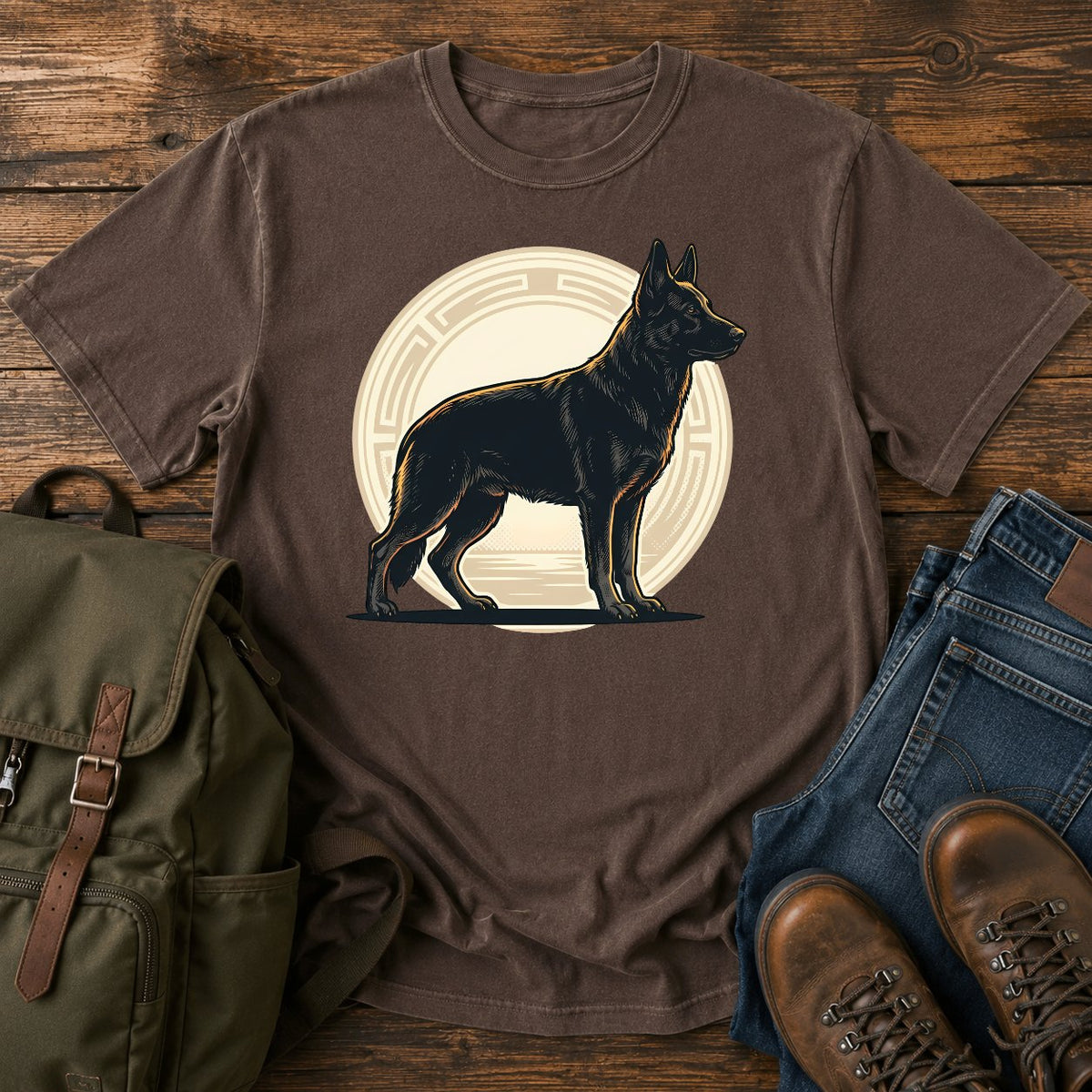 Black German Shepherd t-shirt design with solid black dog in athletic badge