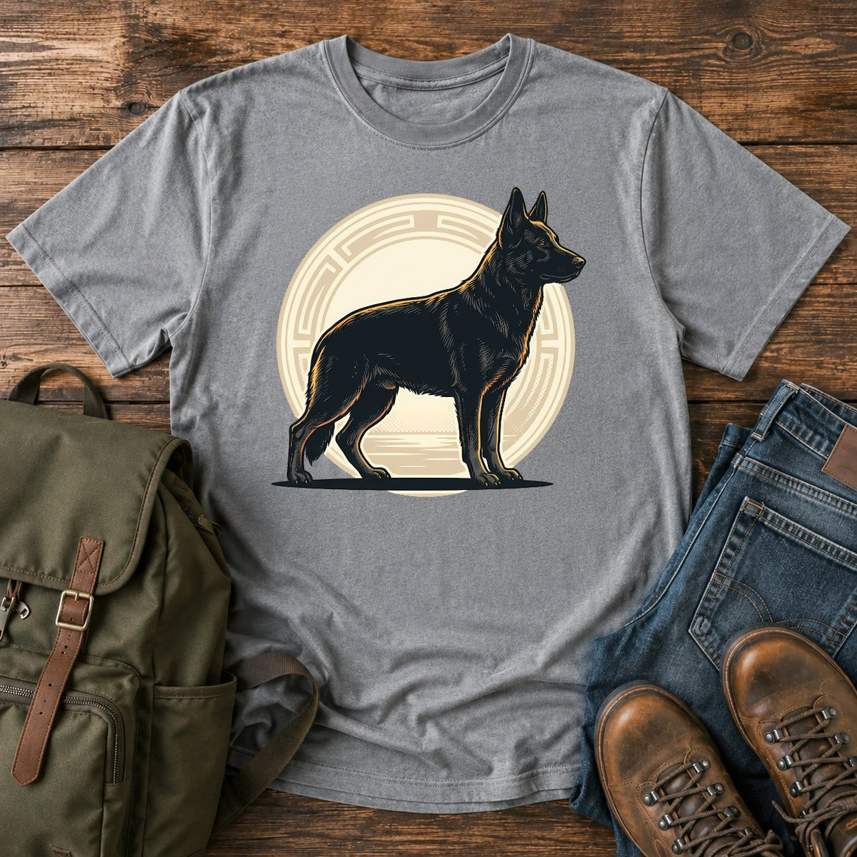 Black German Shepherd t-shirt design with solid black dog in athletic badge