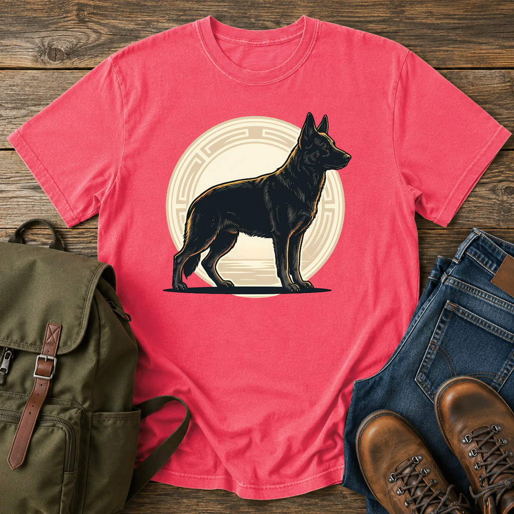 Black German Shepherd t-shirt design with solid black dog in athletic badge