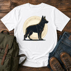 Black German Shepherd t-shirt design with solid black dog in athletic badge