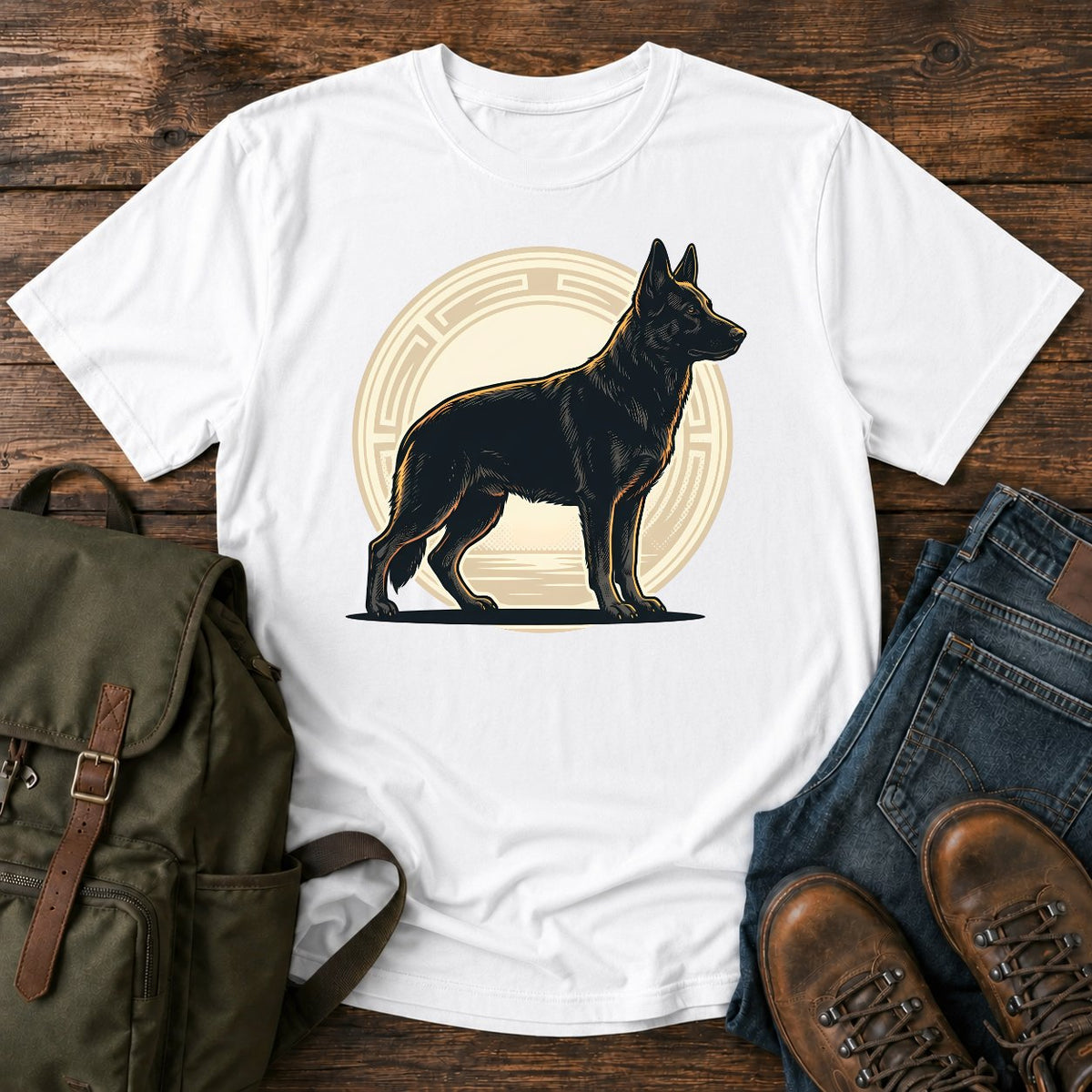 Black German Shepherd t-shirt design with solid black dog in athletic badge