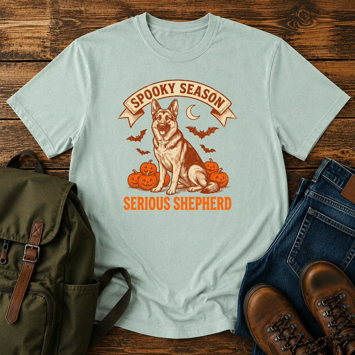 German Shepherd spooky season t-shirt design with pumpkins bats and moon