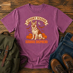 German Shepherd spooky season t-shirt design with pumpkins bats and moon