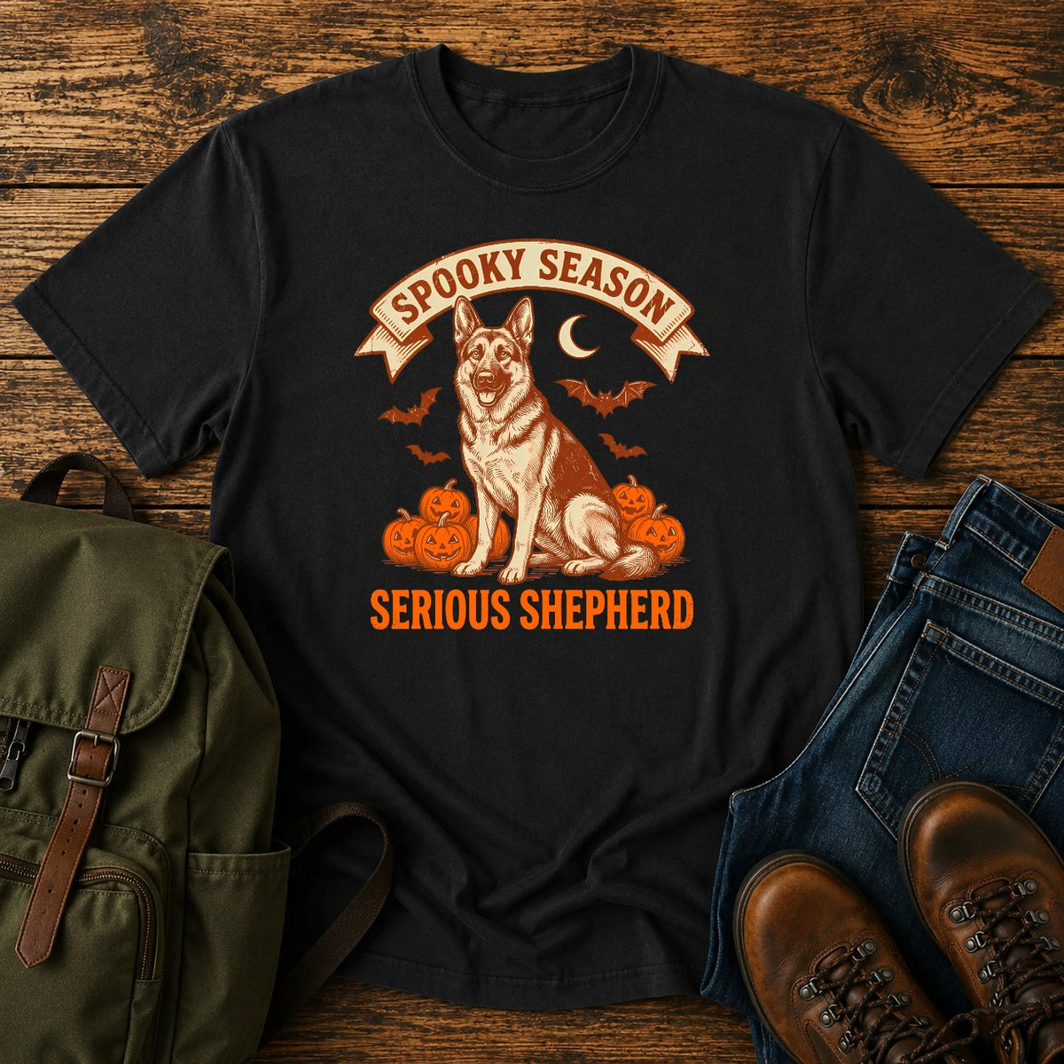 German Shepherd spooky season t-shirt design with pumpkins bats and moon