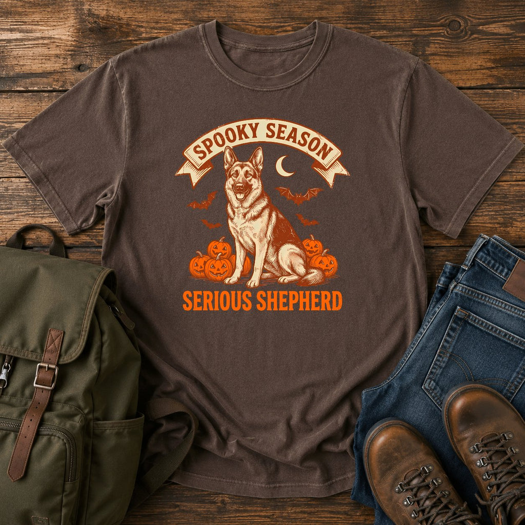 German Shepherd spooky season t-shirt design with pumpkins bats and moon